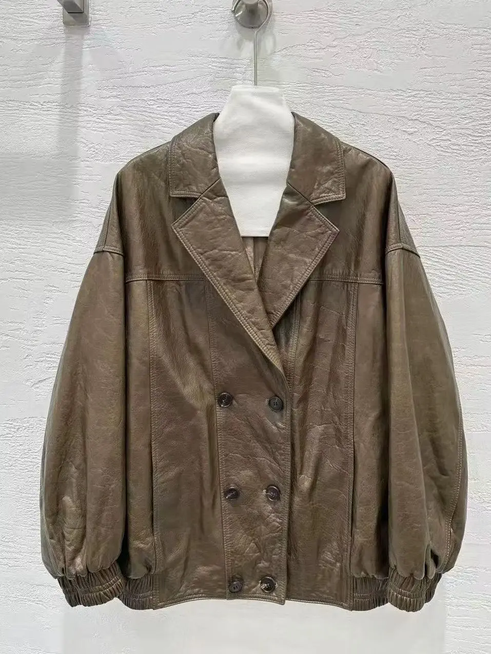 

Italian style elegant double breasted leather jacket