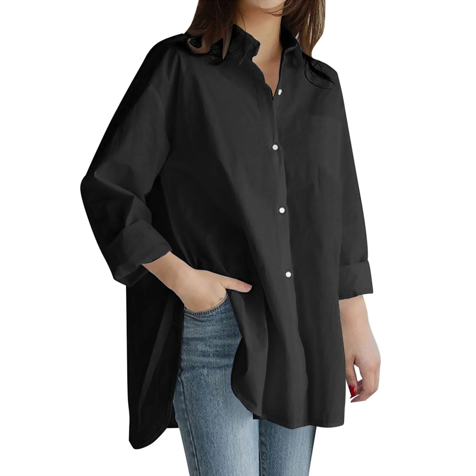 Ladies Long Blouse Shirt Top Spring Autumn Loose Casual Female Women Solid V-Neck Long Sleeve Blouse Shirt Top Plus Size