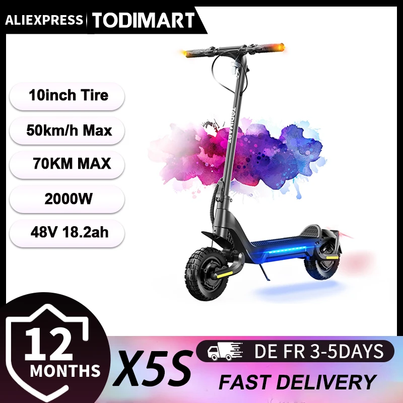 Trottinette Électrique Tout Terrain TODIMART X5S, Double Moteur 1000W, Batterie 48V 18.2AH 70km d'Autonomie, Pneus 10 Pouces