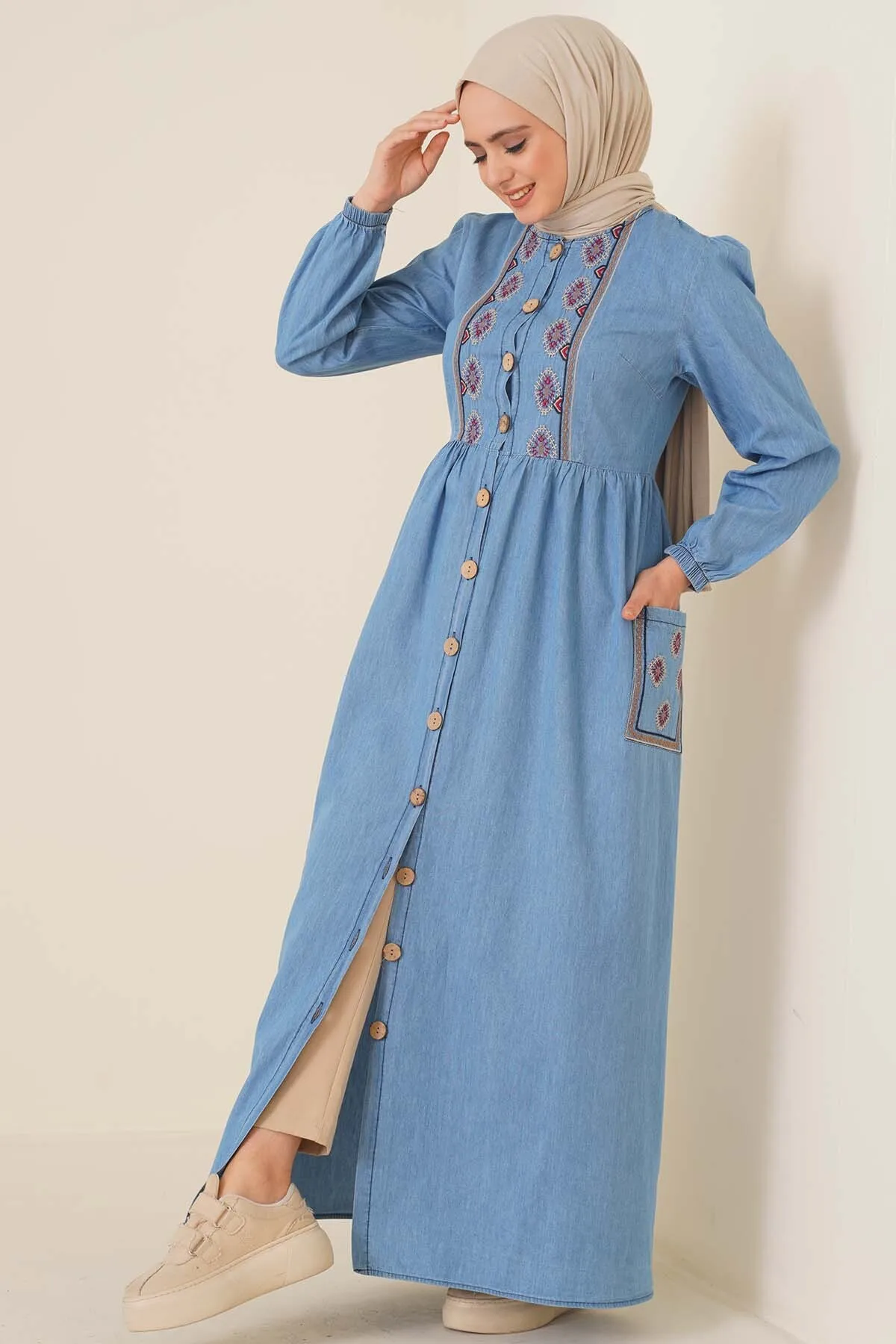 jeans dress muslim clothing made in turkish four seasons maxi length dress embroidered dress 20220041