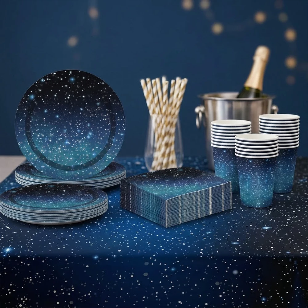 Galaxy Partyzubehör-Set Sternenhimmel Weltraum-Thema Tischgeschirr Pappteller Becher Servietten Tischdecke für Geburtstag Brautdekoration