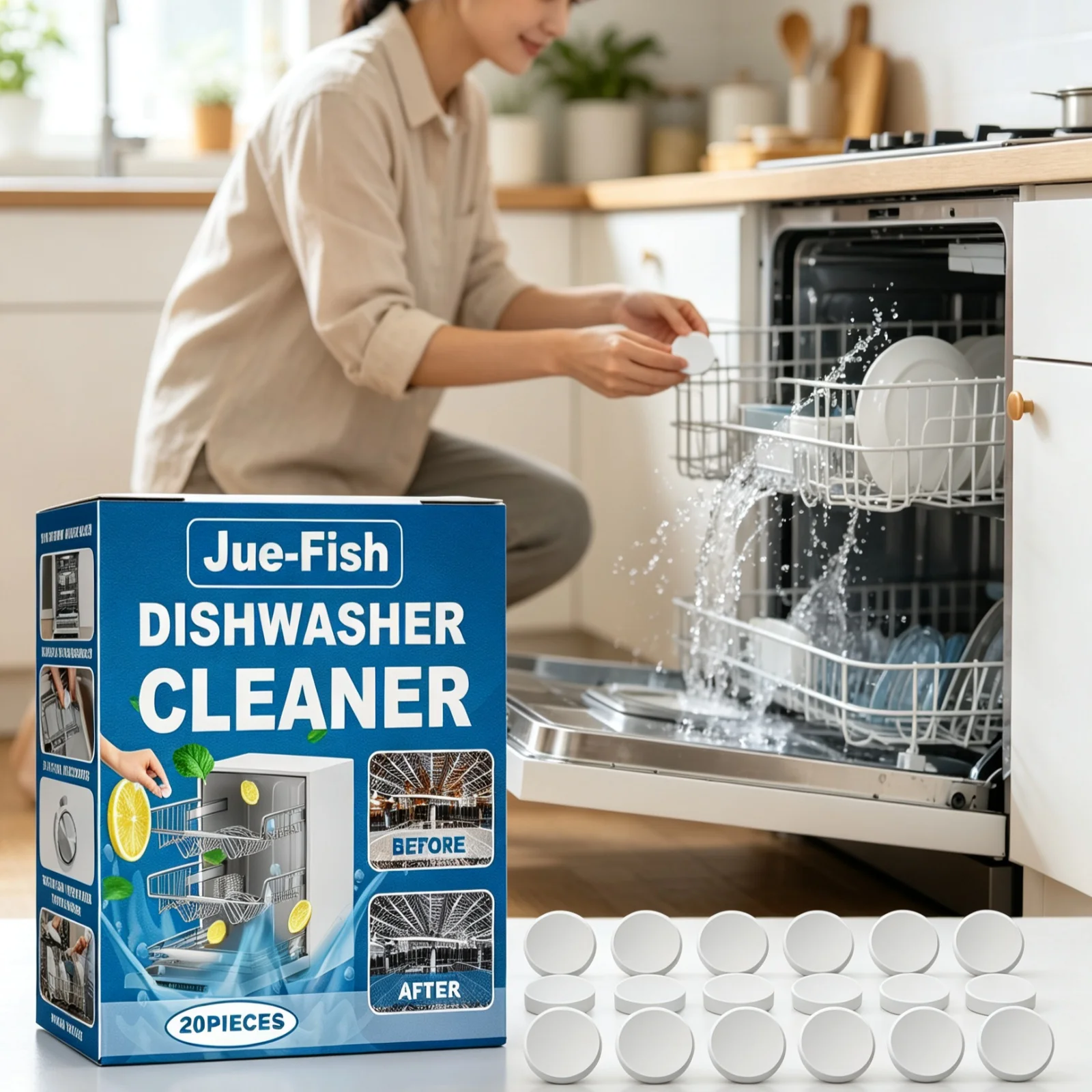 Jue-Fish Dishwasher Cleaning Tablets Fast Penetration Deep Stain Removal Eliminate Residual Odor Dishwasher Sanitizing Tablets