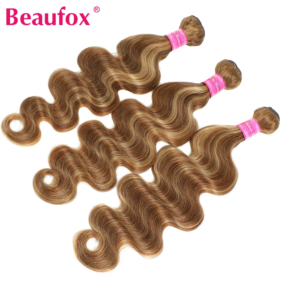 Beaufox-extensão brasileira do cabelo humano, cabelo natural, marrom, onda do corpo, louro do mel, 4/27