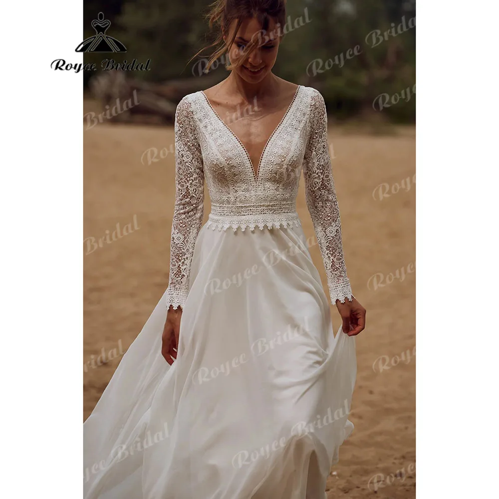 Generoso abito da sposa senza schienale con scollo a V in pizzo a maniche lunghe per le donne 2024 ilopement Beach abito da sposa bohémien vestido de casamento