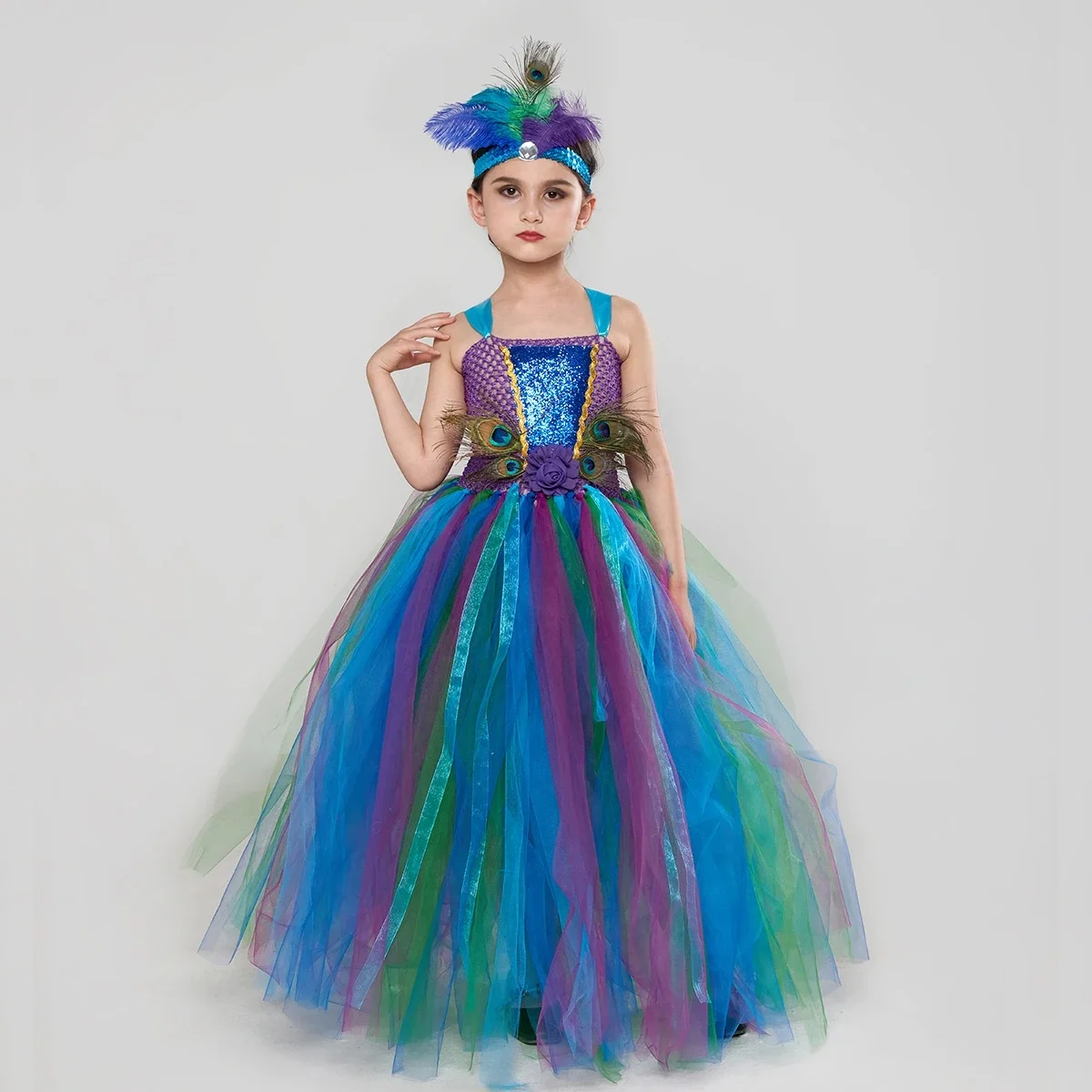 Elegancki kostium z pawich piór dziewczyny Purim fantazyjna paw Tutu sukienka z pałąkiem na głowę dzieci księżniczka korowód Party suknia balowa — zdjęcie 2