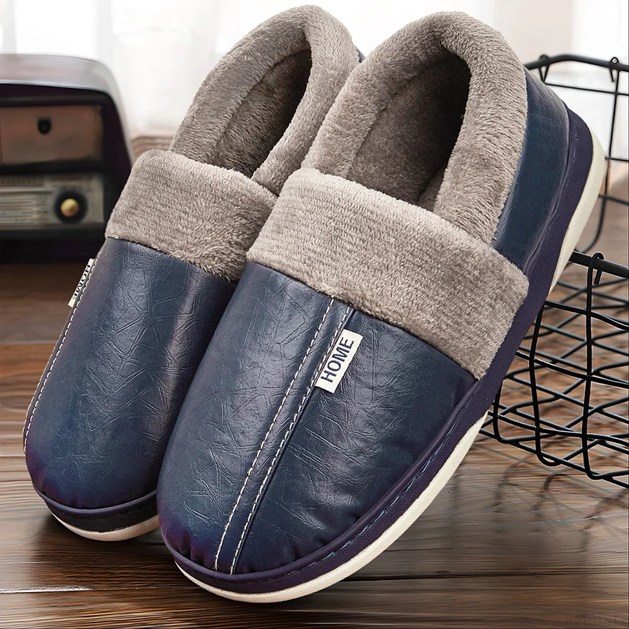 Men\'s Home Slippers Imitation Leather Memory Foam Furry Indoor/Outdoor Shoes Couple Winter Warm Soft Non-slip Slippers Luxury