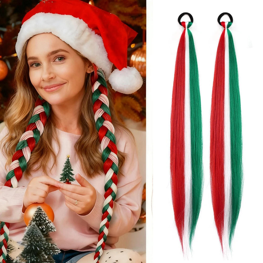2개입 컬러풀한 합성 포니테일 익스텐션 롱 스트레이트 DIY 브레이디드 포니테일 헤어피스 고무 밴드 포함 여성용 크리스마스용