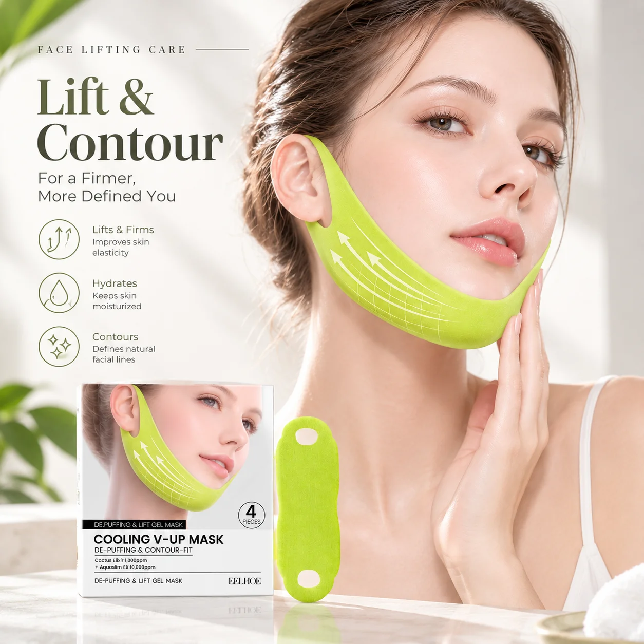 EELHOE V Line Face Lifting Mask Anti Sagging Puffiness Double Chin Remover Cooling Face Contouring Jawline Lifting Collagen Mask