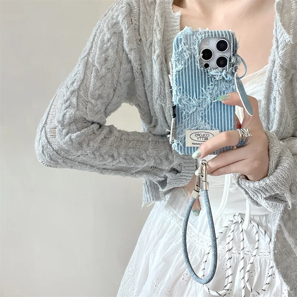 Korean INS Fashion Denim Warm Fluffy Plush Phone Case for iPhone 17 16 15 13 14 Pro Max Cover with Chain Cute Protective Cover, image 2