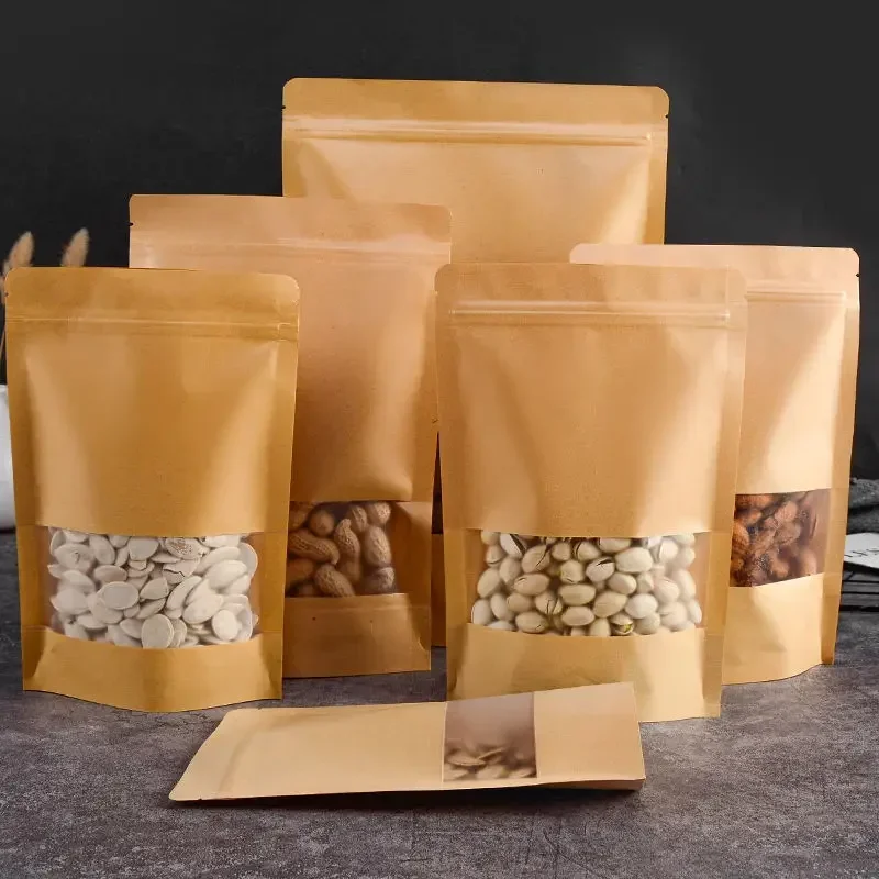 50szt Zip Lock Torby na żywność Kraft Paper Window Bag Stand up Gift Suszona żywność Owocowa herbata Opakowania Woreczki Zipper Self Sealing Bags — zdjęcie 2