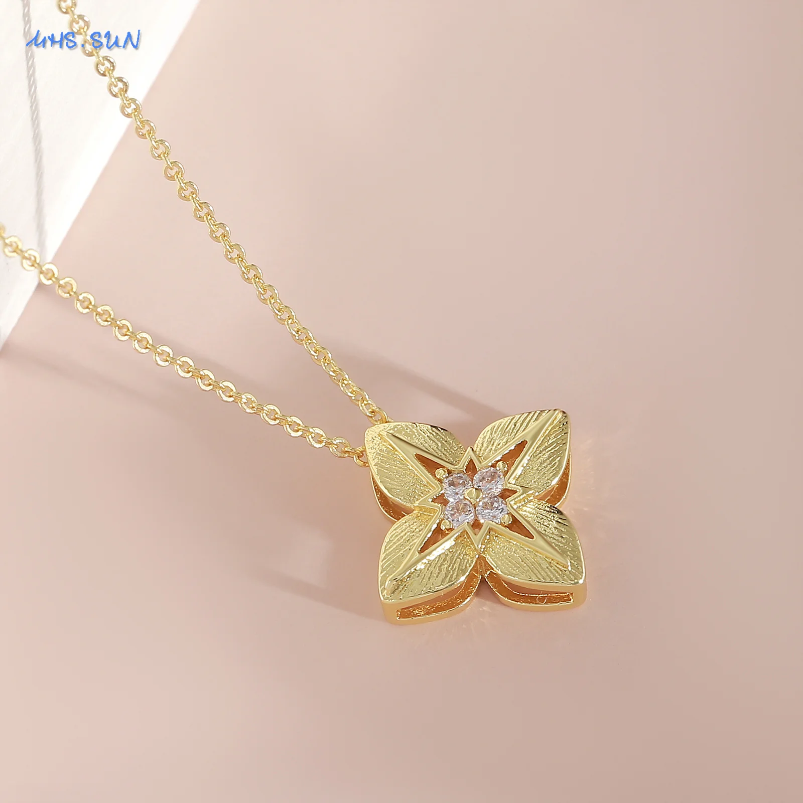 SUNSLL Cubic Zirconia Four Leaf Petal Pendant Necklaces For Women Girls Gold Plated Flower Choker Chain Jewelry Gifts 1PC