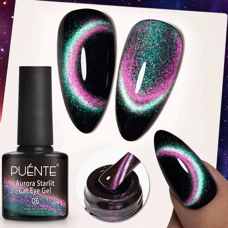 

Гель-лак для ногтей PUENTE 7.5 мл, эффект «кошачий глаз» с магнитным эффектом, галактический, радужный, с блестками, полуперманентный, УФ-отверждаемый, снимаемый, цвета Аврора