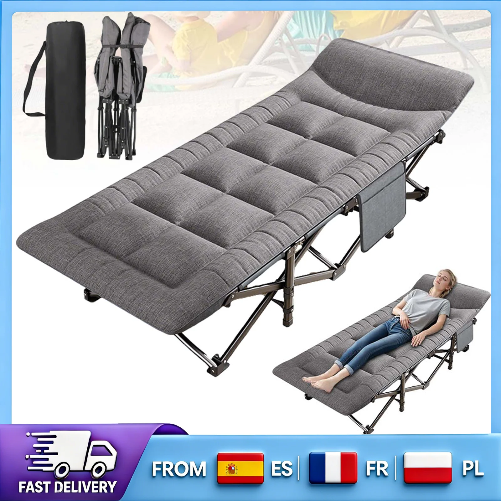 Chaise longue pliante multifonctionnelle, installation rapide en 10 secondes, base antidérapante avec sac de rangement, idéale pour le bureau, les voyages, la balcon.