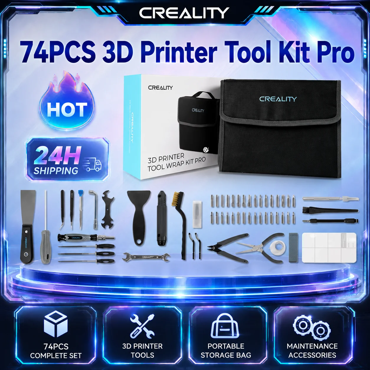 Creality Official 74Pcs 3D Printer Tool Kit Bag Pro for 3D Print Removing Repairing Filament Cutting Cleaning Needles Nose Plier