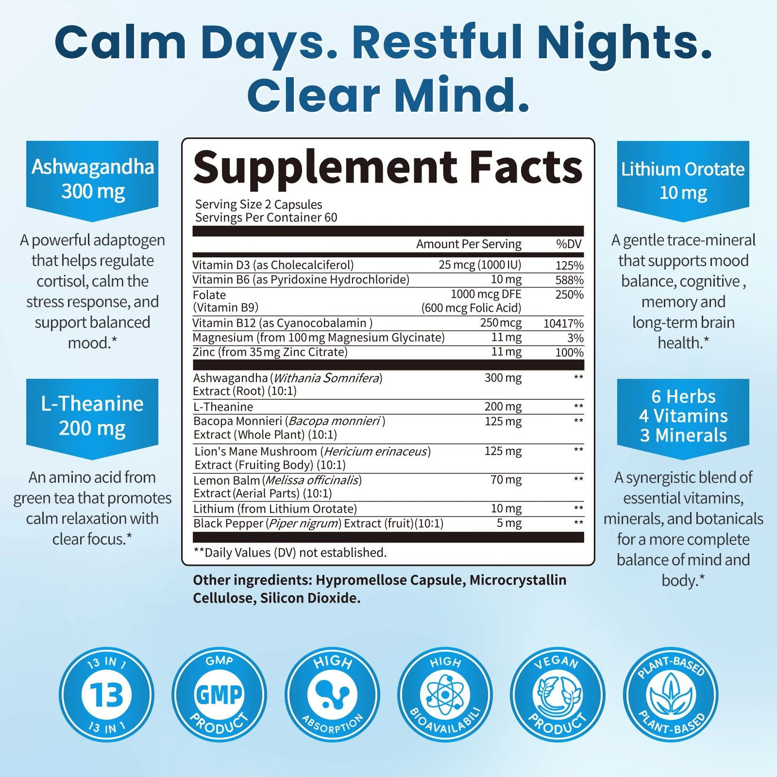 LUKAREE Lithium Orotate 10mg, Ashwagandha 300mg - Mood Focus Memory Brain Supplements with Bacopa Monnieri, Lion’s Mane Vegan