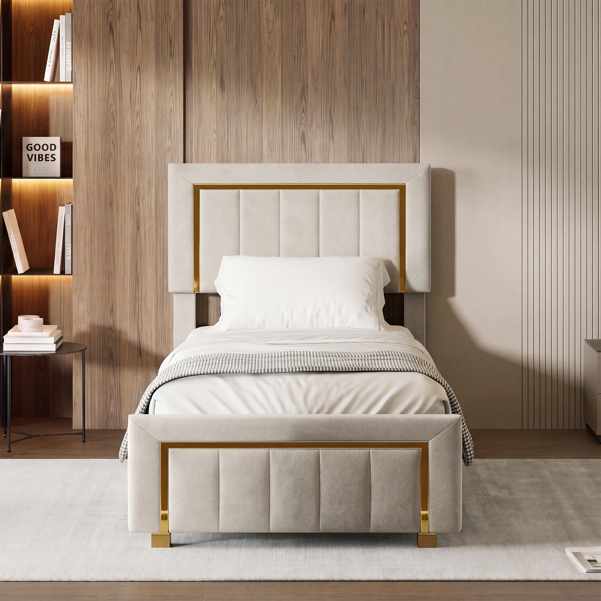 Anajqaqia Letto singolo imbottito con contenitore 90 x 200 cm, letto contenitore idraulico, testiera trapuntata profonda con finiture oro, struttura letto moderna di lusso