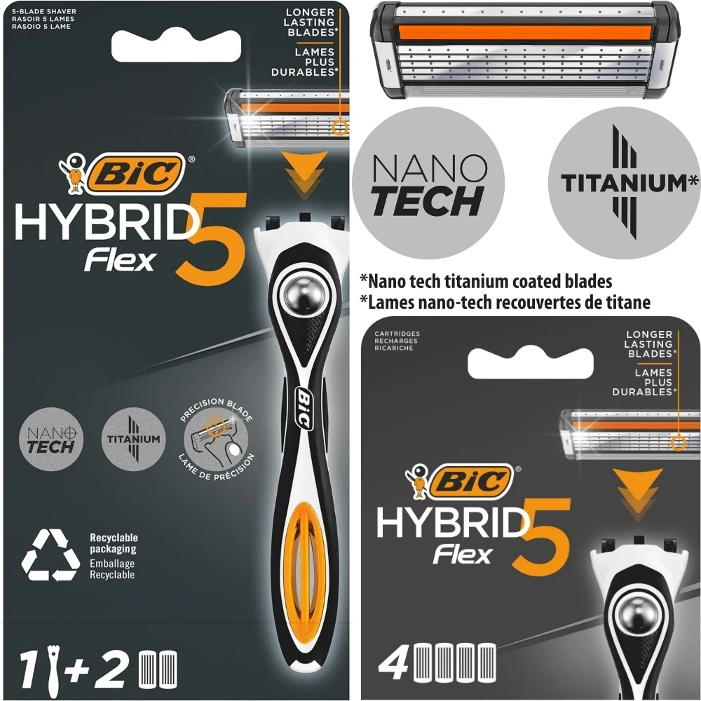 BIC Flex 5 Hybrid Disposable Men's Razor, 5-Blade, 1 Handle and 2+4 Cartridges, For an Ultra-Close Shave