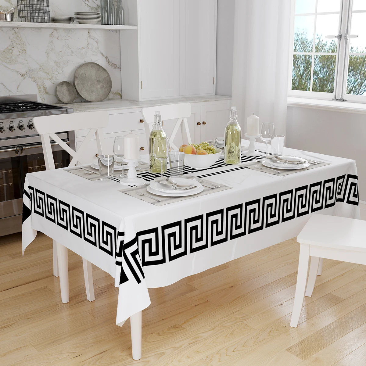 White Black Greek Locked Geometric Design Print Rectangular Fabric Table Cloth Table Cover for Wedding Party Dinning Table Decor