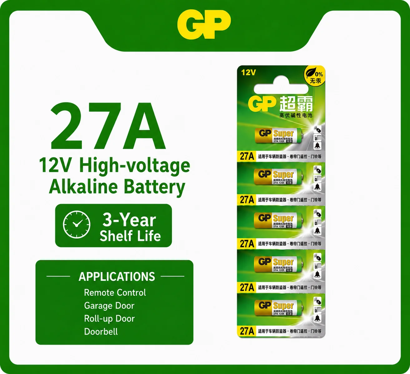 GP 12V27A Alkaline Batteries for Doorbells Call Buttons Roller Shutter Remotes Alarm Systems Vehicle Anti-theft Devices