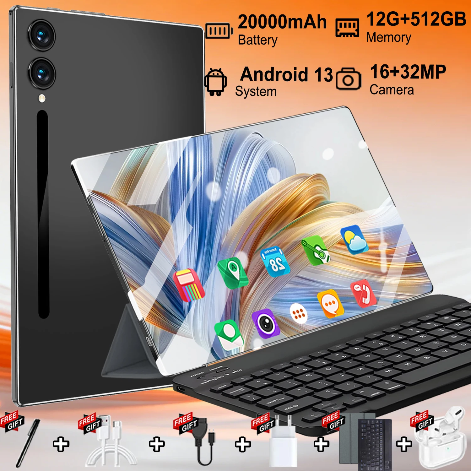 Tablette Multitâches Haut de Gamme 10,36 Pouces Android 13 14 Cœurs, 12 Go + 512 Go de Stockage, Batterie Géante 20000 mAh, Double SIM 5G & Wi-Fi Fluide, Caméras 16MP Avant et 32MP Arrière, Appareil Léger pour le Gaming, les Cours en Ligne et les Voyages d'Affaires