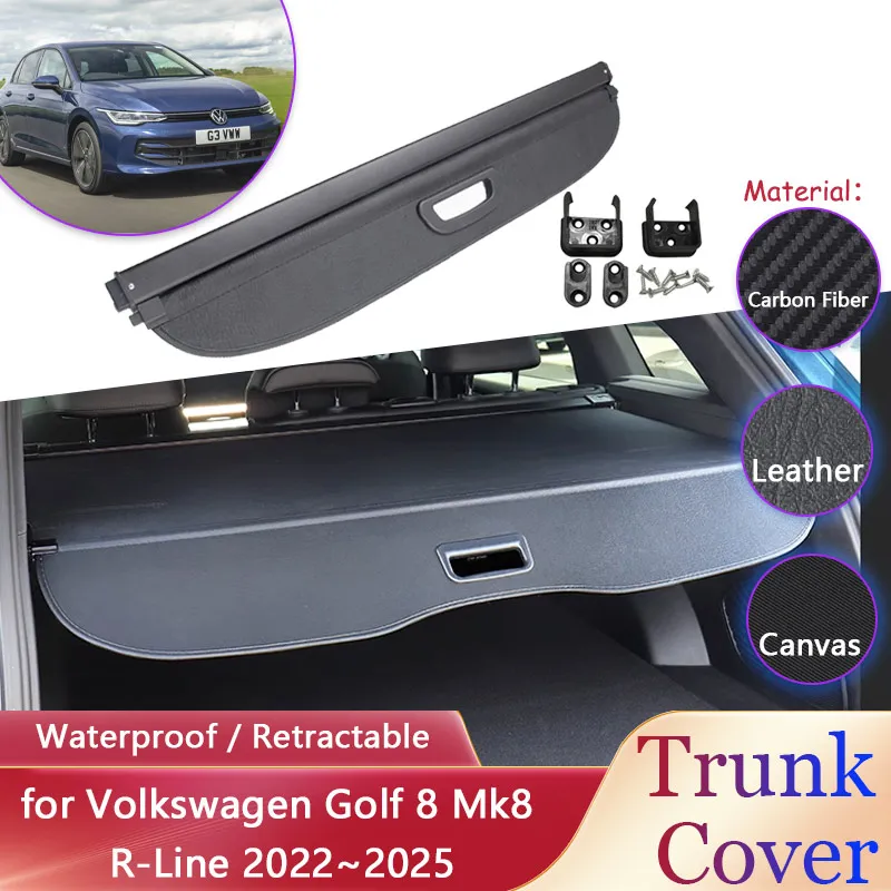 Car Trunk Curtain for Volkswagen VW Golf 8 Mk8 R-Line 2022~2025 Luggage Waterproof Retractable Rack Cargo Pad Covers Accessories