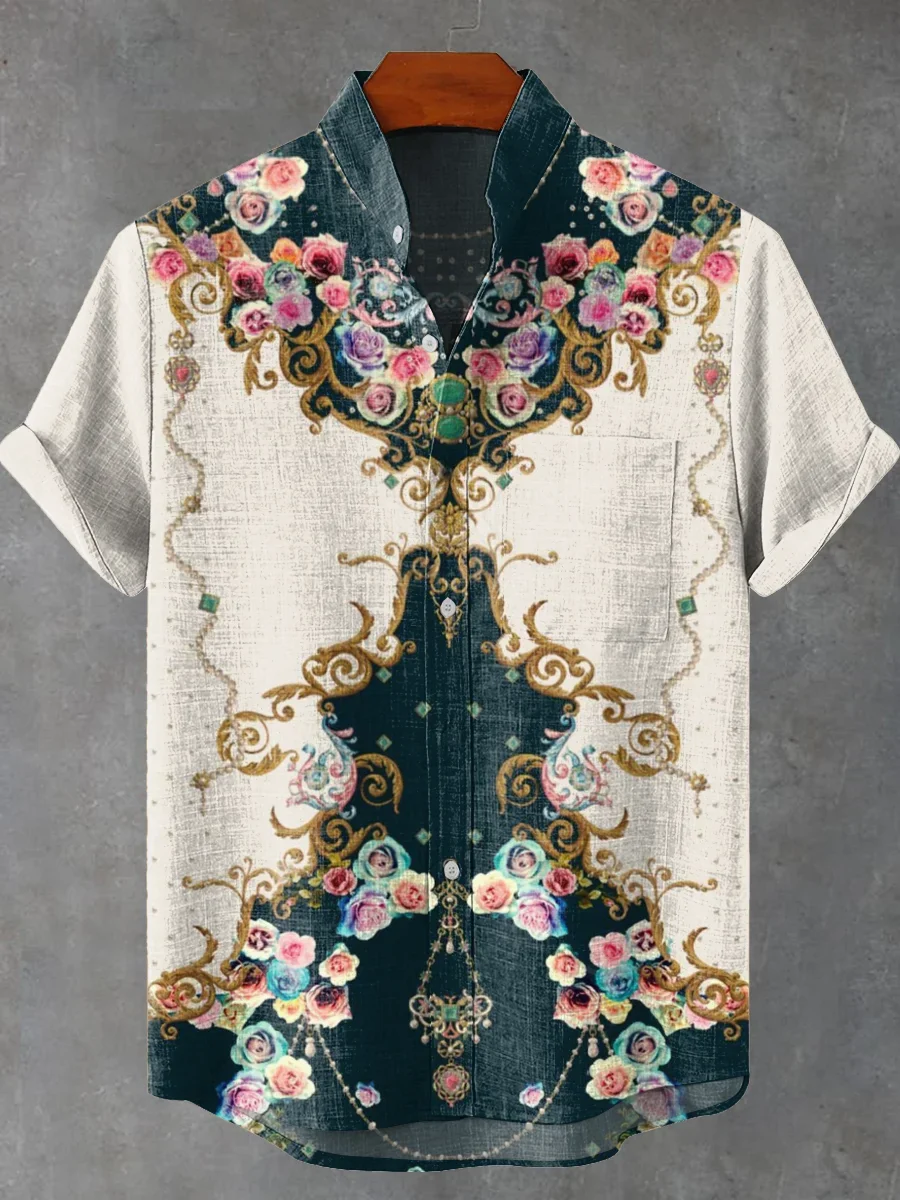 Новая мужская рубашка с короткими рукавами из льняной удобной ткани в стиле ретро с принтом тотема, повседневная уличная трендовая повседневная рубашка