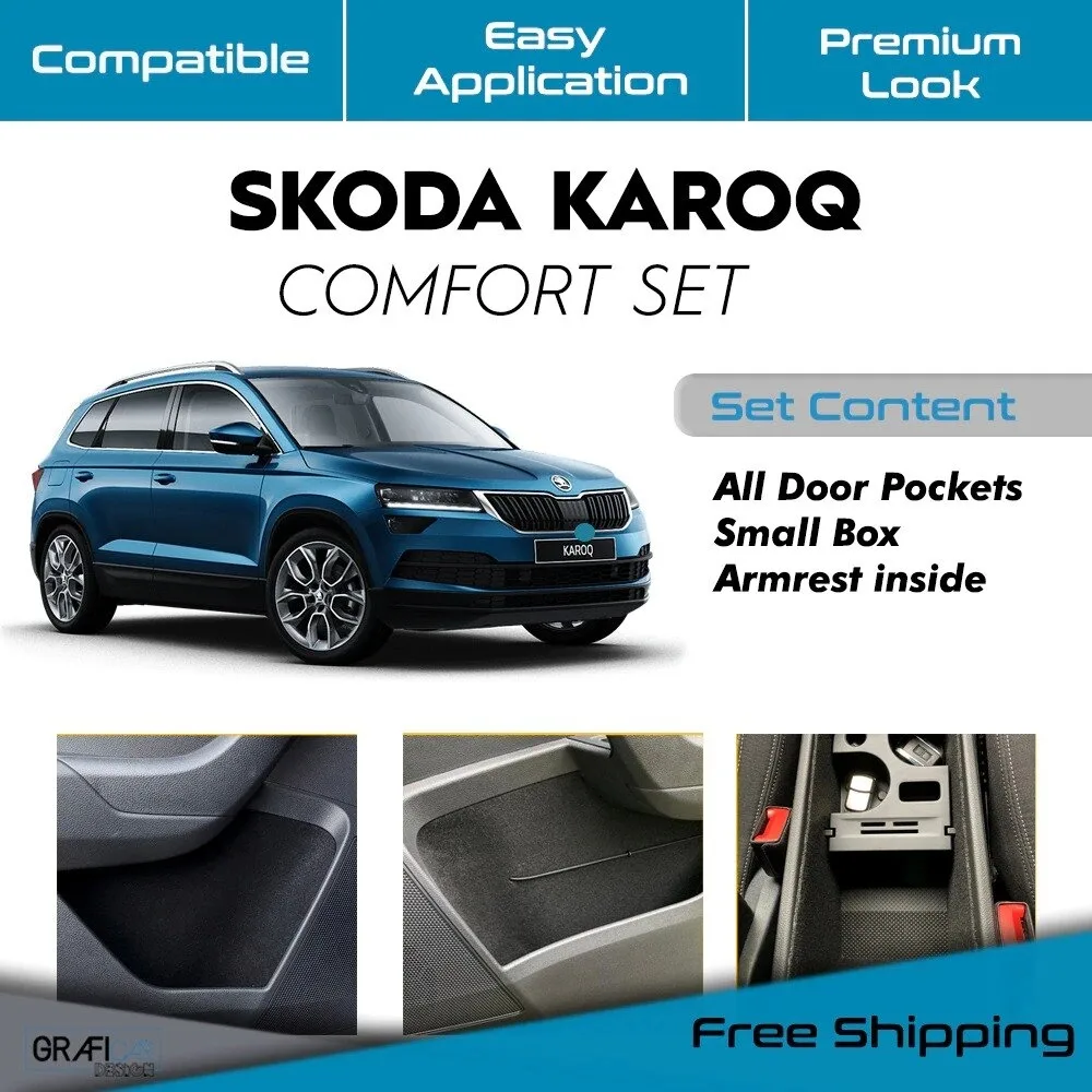 

COMFORT SET For SKODA KAROQ TRIM PLATED & FABRIC SELF ADHESIVE-LASER CUT-Glove Box -Armrest Inner -Cup Holder Base Part -Front