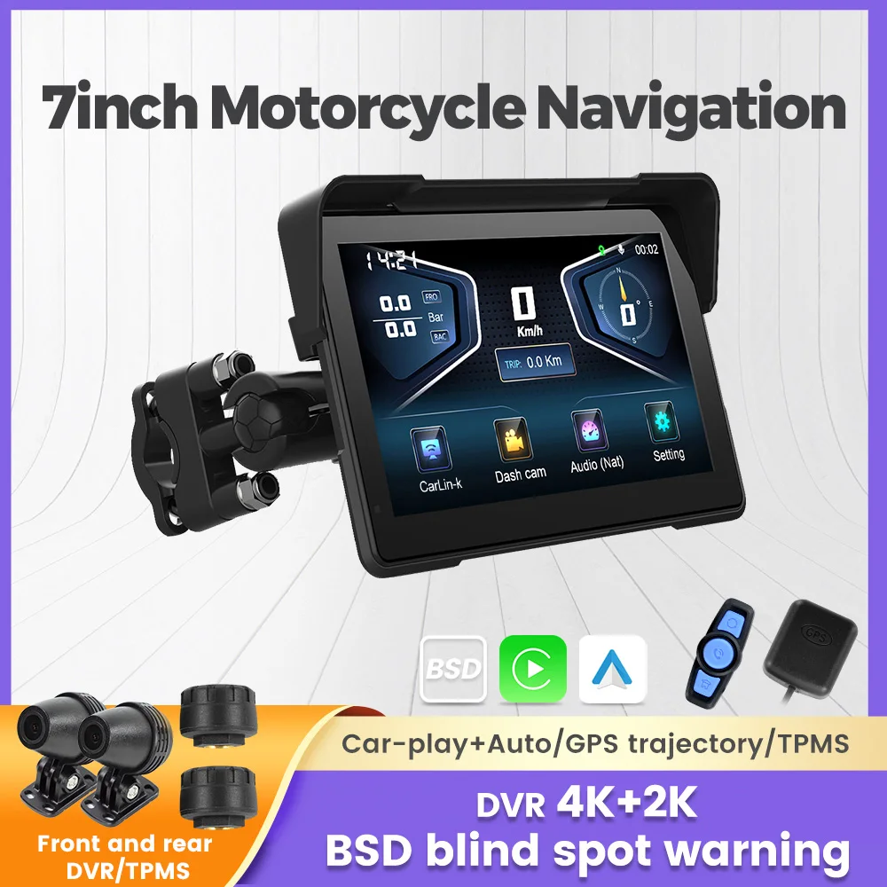 Portable 7-inch IP67 Waterproof Moto Carplay GPS Navigation 4K+2K DVR Wireless Android AUTO Dual BT TPMS BSD Motorcycle Monitor