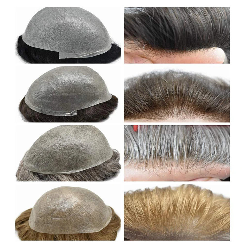 ผิวบาง 0.06-0.08 มม.V-LOOP Knot Human Hair Toupee สําหรับผู้ชายตรงผมเปลี่ยนระบบ 8x10 Prosthesis Hairpiece วิกผมผู้ชาย