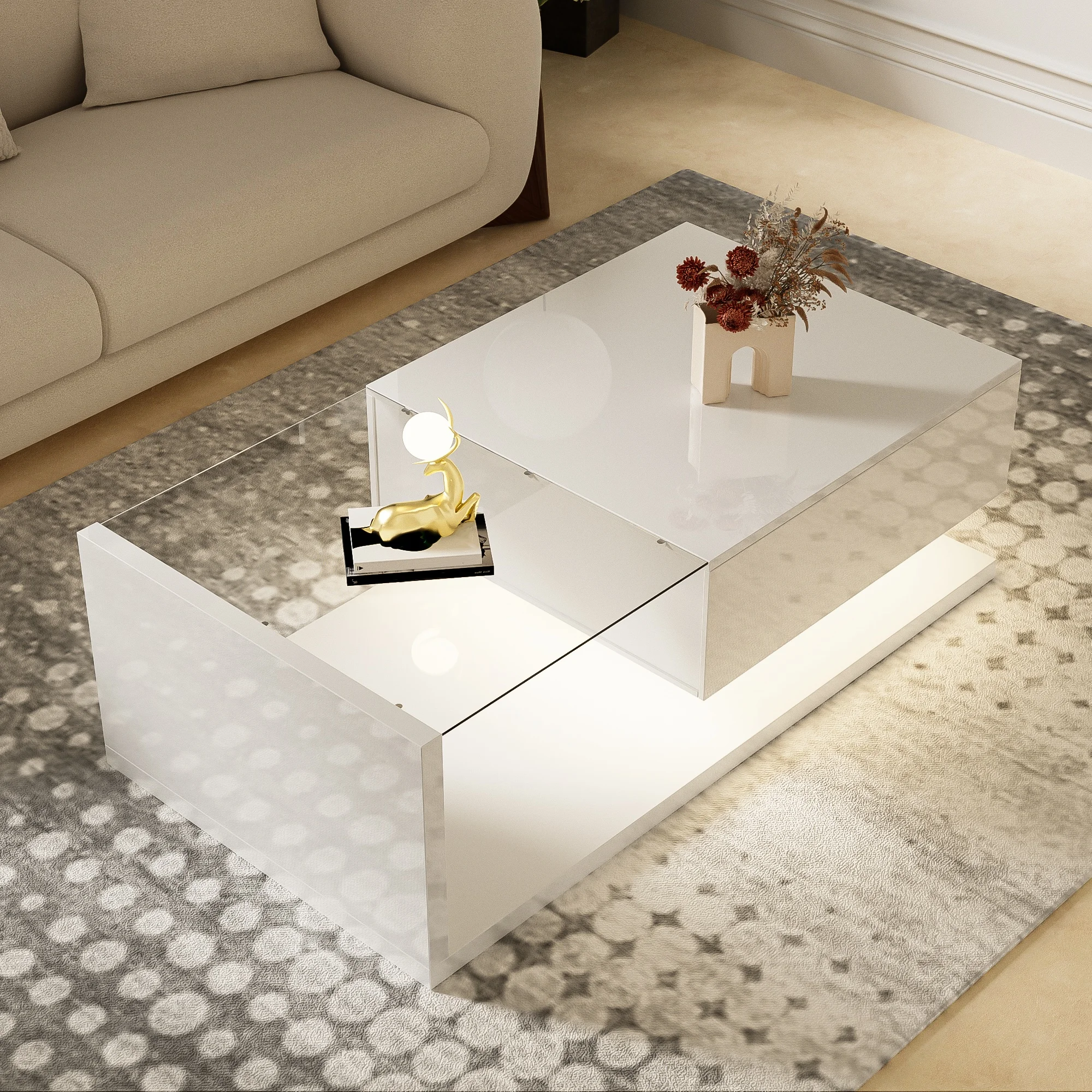 Tavolino basso, LED 16 colori, piano in vetro temperato, Salotto, superficie spaziosa, pannello in particelle bianche