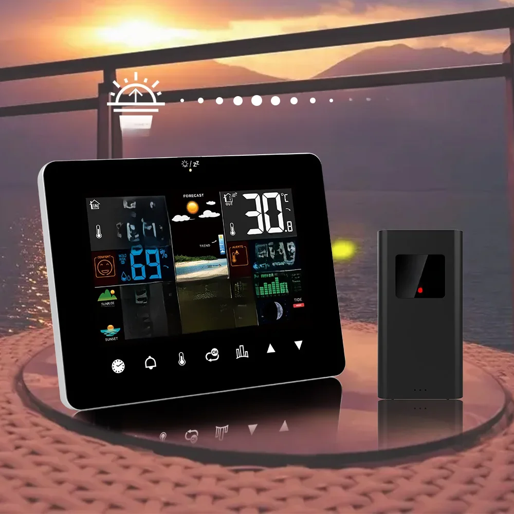 Multifunctioneel weerstation Wekker Touchscreen Thermometer Hygrometer Draadloze sensor Zonsopgang Zonsondergang Hygrothermograaf - afbeelding 2