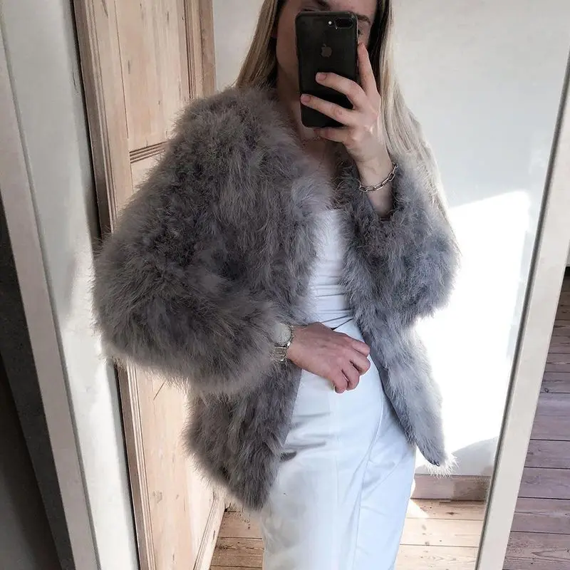 Women\'s Natural Genuine Ostrich Feather Fur Coat, Elegant Big Size Clothes, Real Fur Long Coat, Lady Turkey Feather Jacket