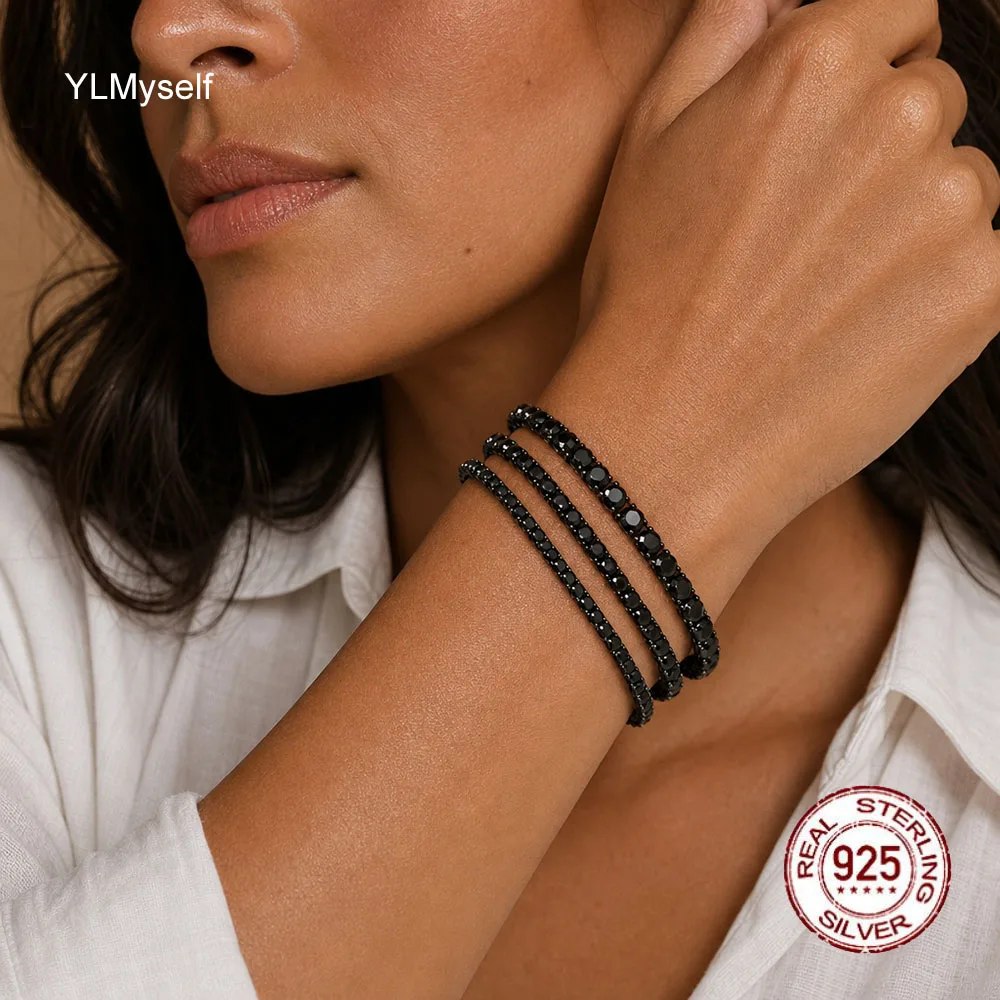 Solid Pure Silver Chain Pave 3 mm/4mm/5mm Round Black Moissanite Diamond Hiphop Rock Real 925 Jewelry 14-21 cm Tennis Bracelet
