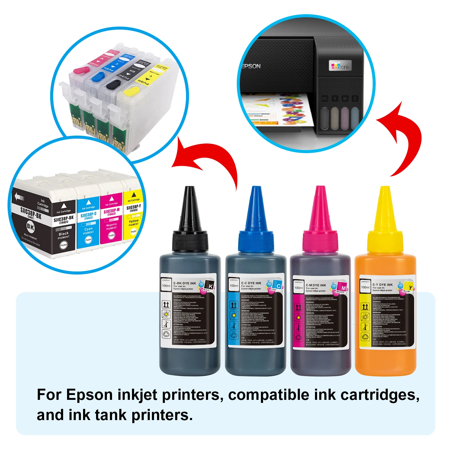 EP 100ml Dedicated Dye Ink Compatible for Epson Ink Jet Inkjet Printer and Tank Printer and Cartridges CISS