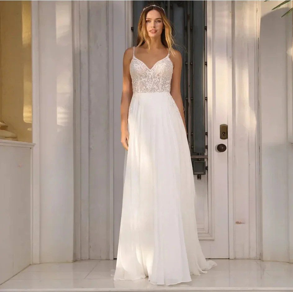 Customize Made To Measures for Brides 2024 Romantic Chiffon V-neck Sweep Train Spaghetti Straps Sleeveless Bridal Gowns High Qua