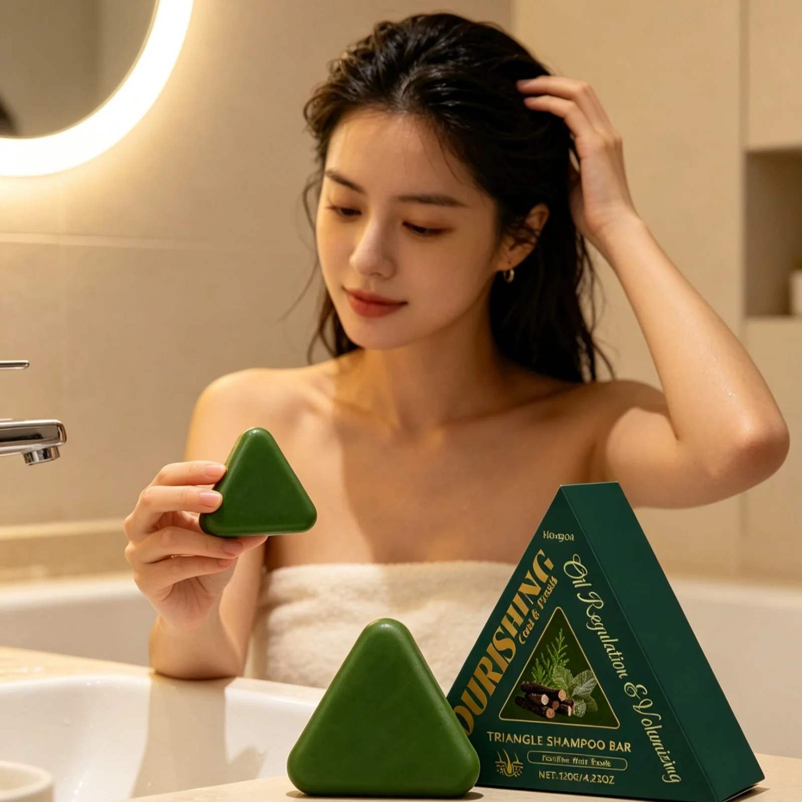 Hoegoa Solid Shampoo Bar Deeply Cleansing Scalp Locking Hair Moisture Anti Frizz Natural Fresh Scent Triangle Shampoo Bar 120g