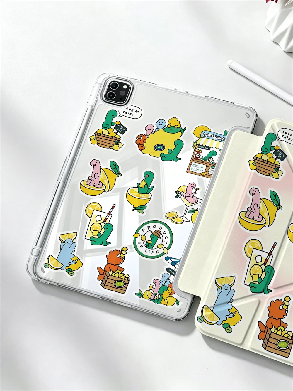 Cute Dinosaur Lemon Sticker Y‑Fold Tablet Case For iPad Mini6 Mini7 Air4 Air5 Air6 Air7 iPad9 iPad10 Pro11 Clear Acrylic Cover
