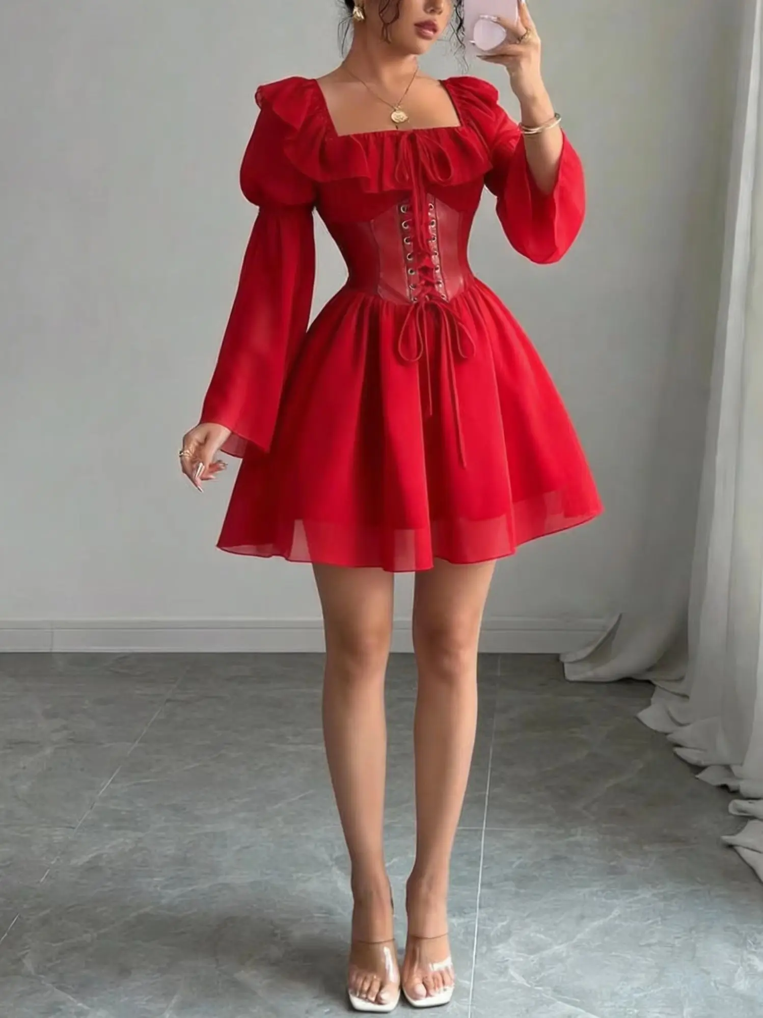 bodycon babydoll dress Women's Autumn Summer Ruffle A Line Vintage Dress, Off Shoulder Bow Tie Waist Dress, Semi Formal Work Commute L itp-collectionId-44 Sexy Mermaid V Neck Size:M (4-6) Please refer to our