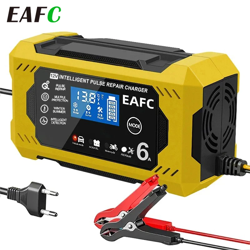 EAFC Caricabatteria per auto 6A 12V Dispositivo di ricarica per batteria per auto e moto Batteria al piombo Display LCD per riparazione intelligente