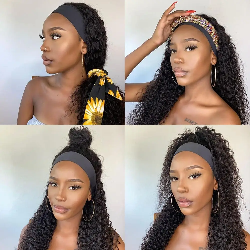 Peluca con diadema de cabello humano, peluca con ondas profundas, hecha a máquina, diadema rizada profunda, peluca Bob de 30 y 34 pulgadas, pelucas de cabello humano para mujeres