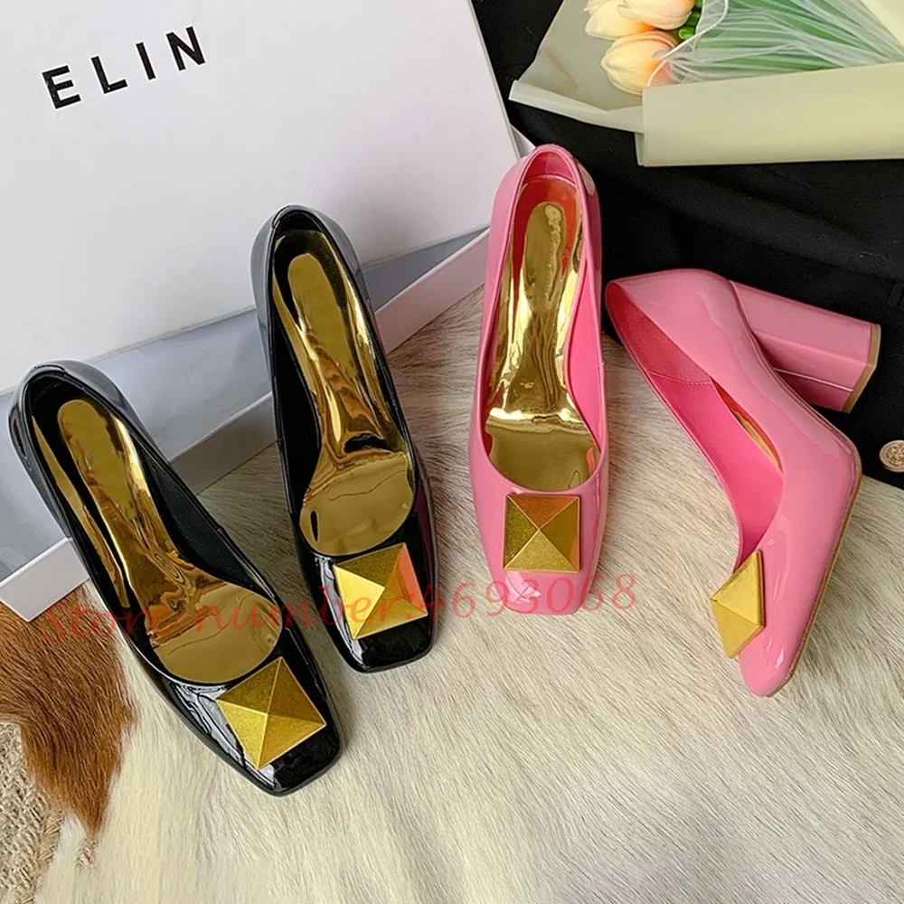 Metal Rivets Pink Women Pumps High Chunky Heels Dress Shoes Summer Square Toe Shiny Leather Pumps Fashion Office Ladies Pumps