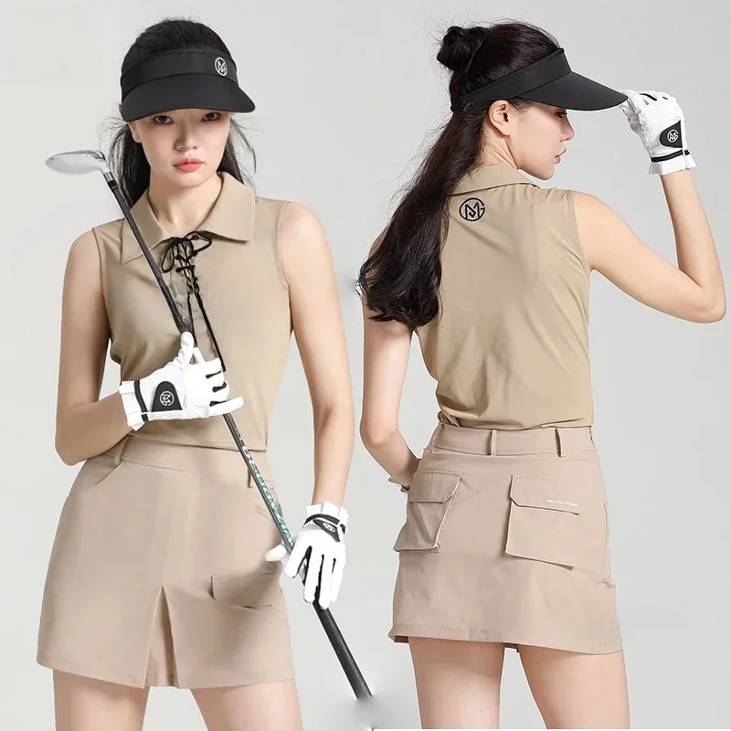 MG Golf Clothing Women Sleeveless Lace Up Neck Shirt Quick Dry Slim Tank Top Short Pencil Skirt Fashion Ladies A-line Golf Skort — zdjęcie 2