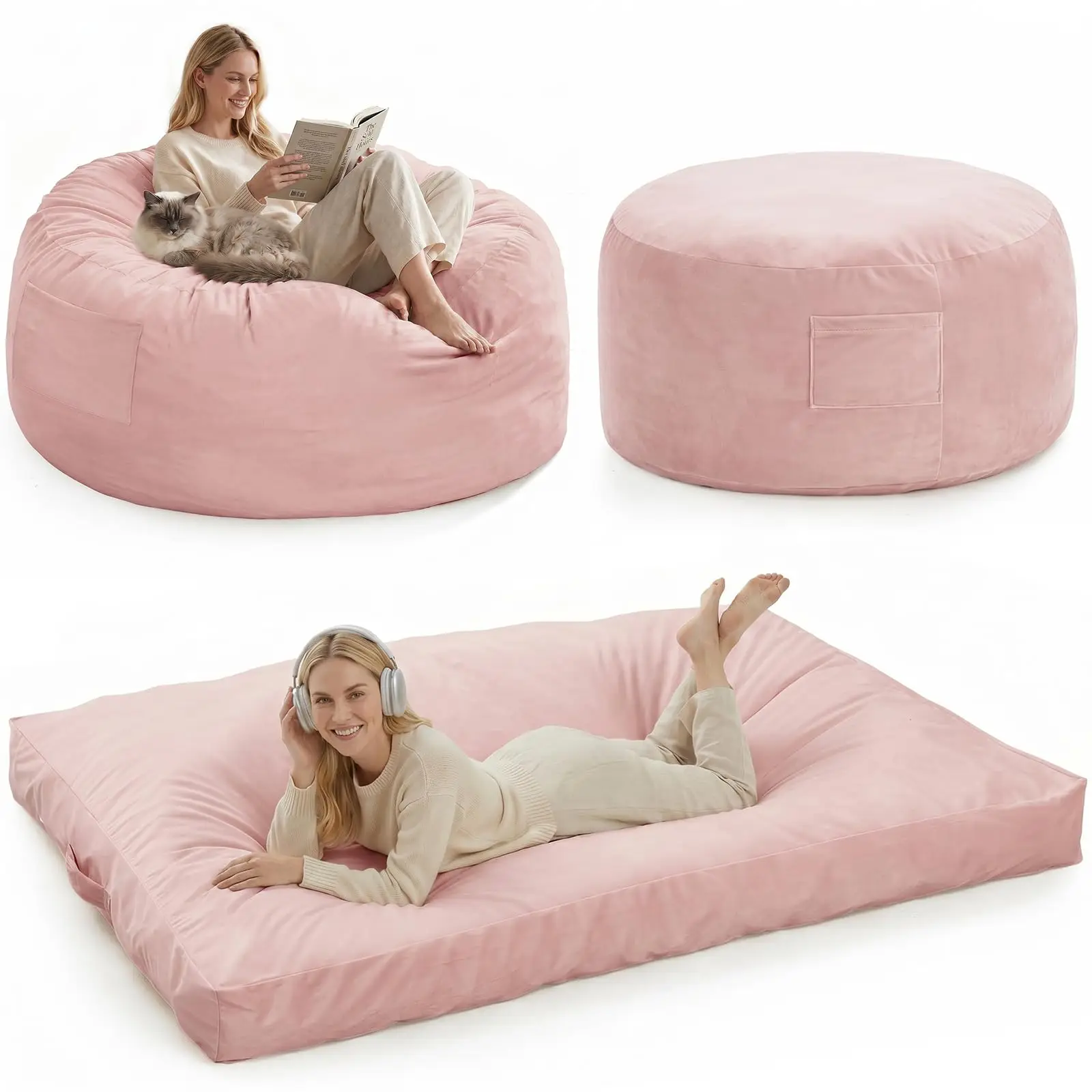 Sitzsack XXL 4 pieds (Approx.) 1,2 m (120 cm), convertible 3-en-1/4-en-1 en chaise/longueur couchette/lit pliant - Remplissage en mousse à mémoire de forme, housse amovible et lavable - pour adultes et adolescents