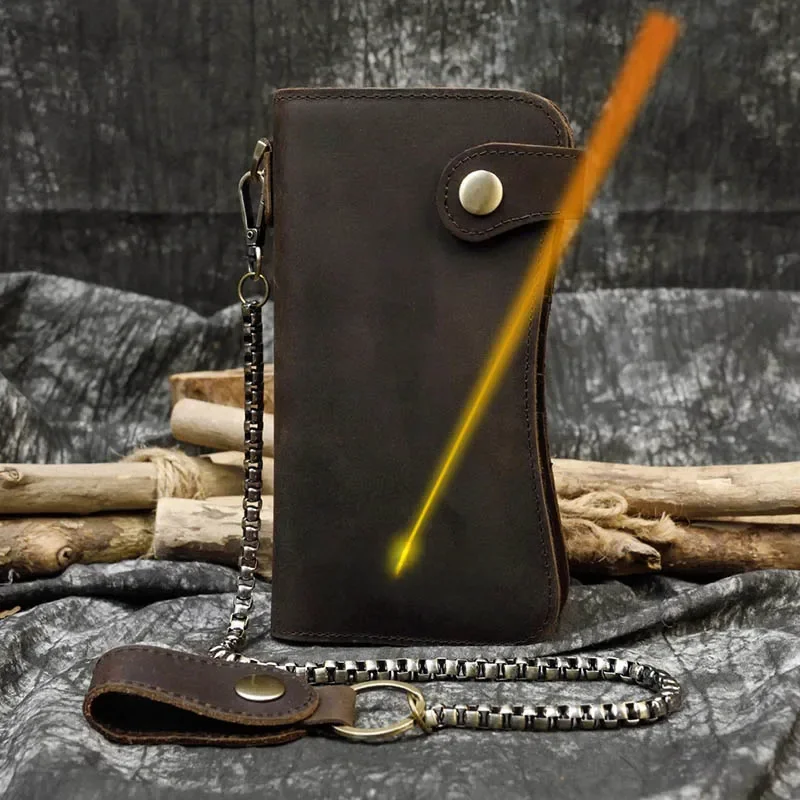 Męski portfel z łańcuszkiem Vintage Crazy Horse Skórzany portfel z łańcuszkiem z prawdziwej skóry Bifold Długi portfel z zatrzaskiem Kieszeń na monety Rfid — zdjęcie 2
