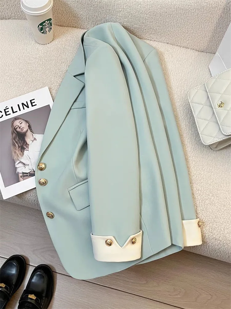 Damska odzież biurowa Casual Blazer Chic Vintage karbowany kołnierzyk odzież wierzchnia z długim rękawem luźna główna ulica kurtki jednorzędowe — zdjęcie 7