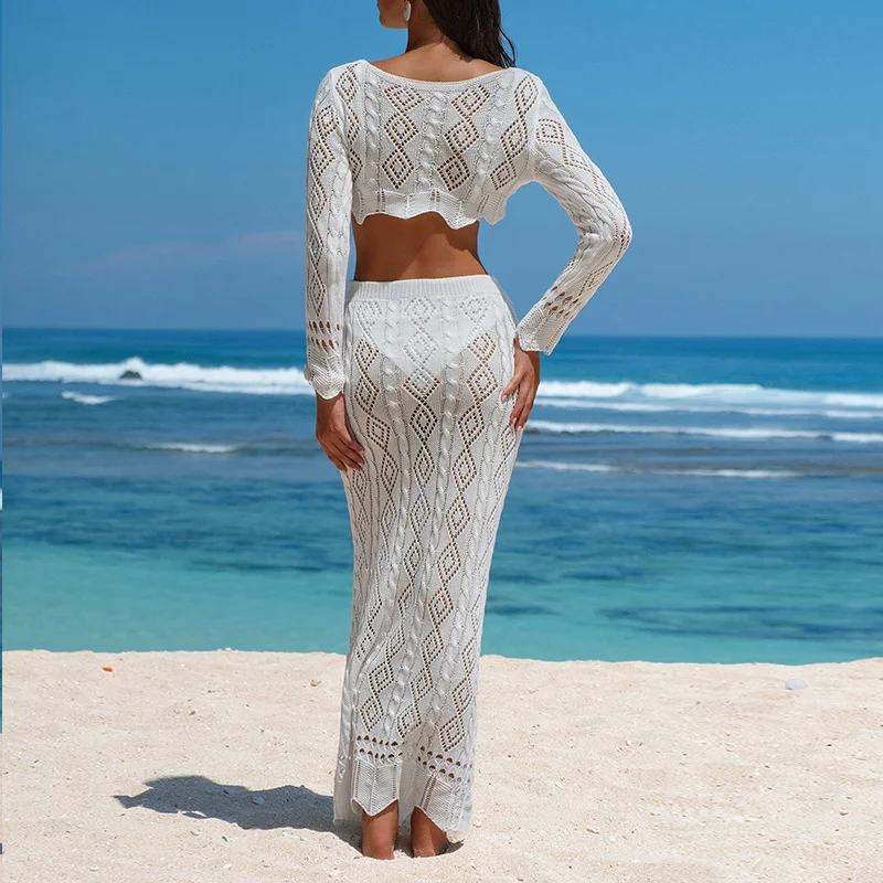 Women Long Sleeve Lace-Up Knit Dress 2PCS Crop Top Blouse and Skirt Sexy Summer Beach See-through Outfit Crochet Bikini Cover-Up