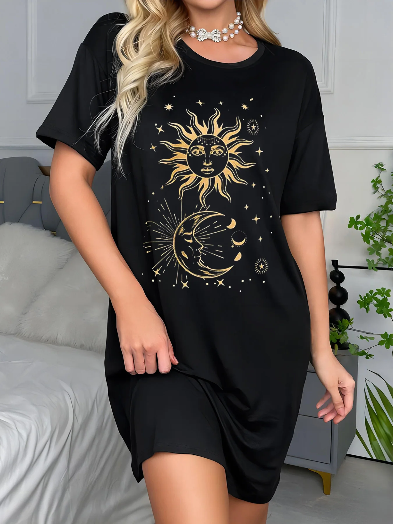 Black Mid-Length Fashionable Dress With Sun Moon And Star Pattern Summer Off-Shoulder T-Shirt