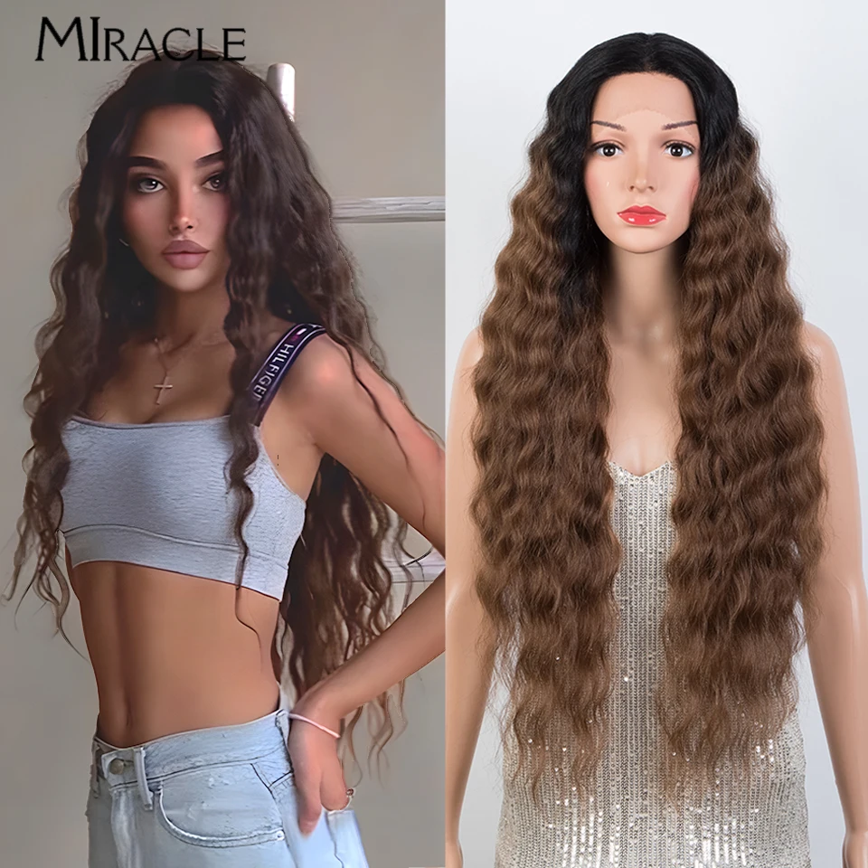 MIRACLE Synthetic Lace Wig 30'' Water Wave Lace Frontal Wig for Women Ombre Red Blonde Wig Cosplay Wig Female Lace Front Wigs