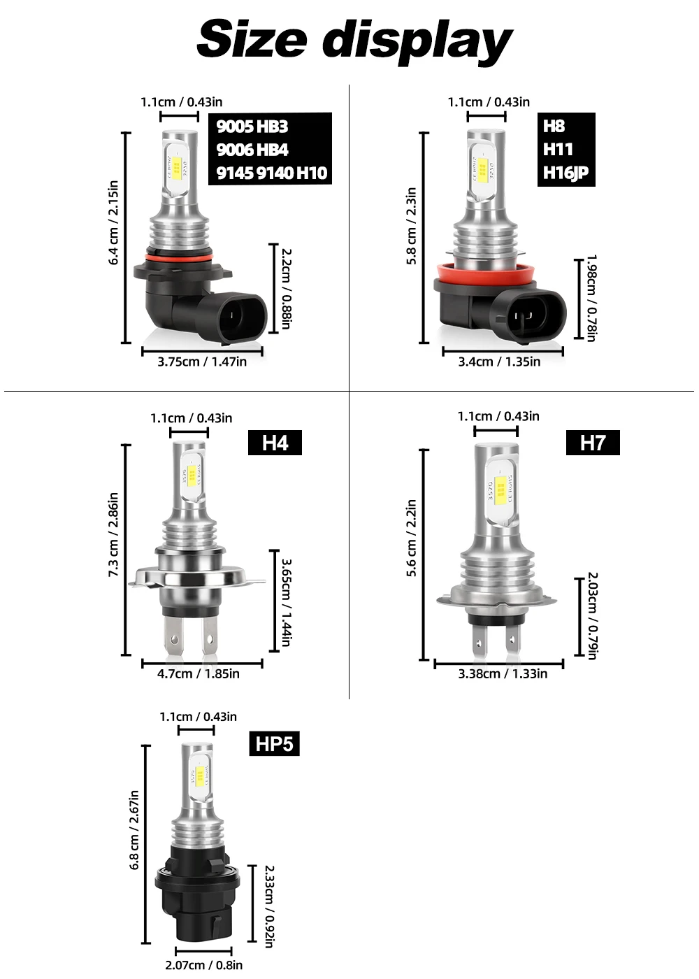 2Pcs H8 H11 LED Bulb H16JP 9005 HB3 9006 HB4 H7 HP5 Lamp Super Bright Car Fog Lights DRL Day Driving Running Light 12V 6000K