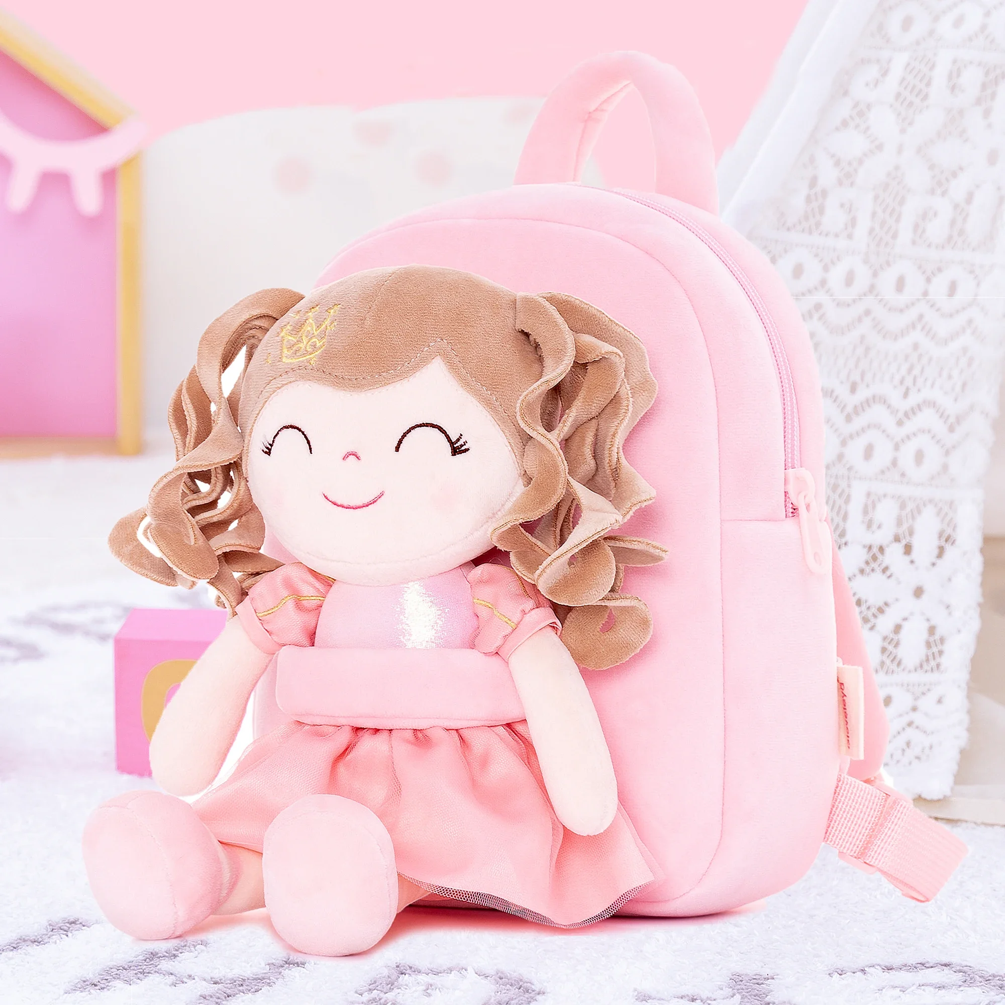 Gloveleya Backpack Plush Bag Baby Girl's BagToddler Backpacks KIds Gifts Curly Dress Doll Stuffed Rag Doll Stuffed Toys